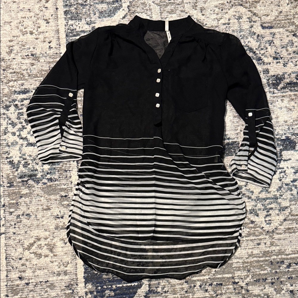 Truth NYC Black and White Sheer Striped Button-Up Tunic Blouse Made in India